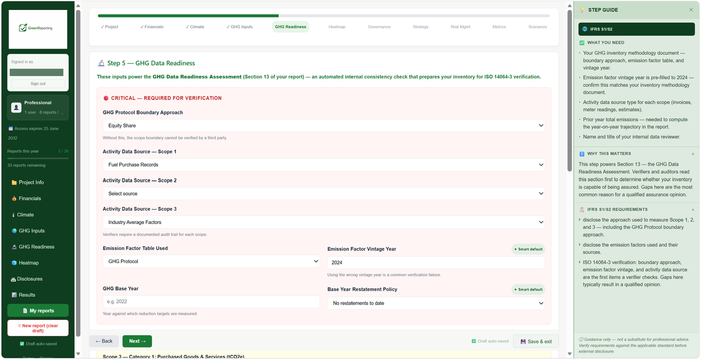 GHG Data Readiness step for ISO 14064-3 verification