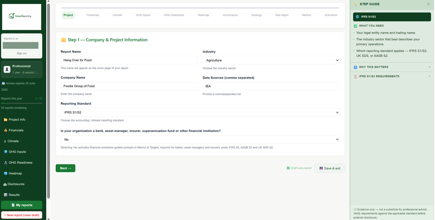 Wizard Step 1 — Company & Project Information form