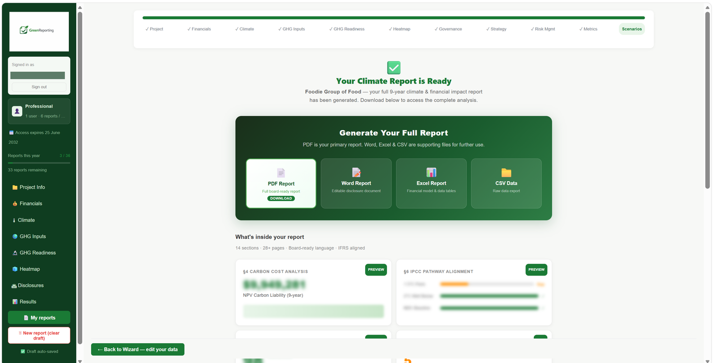Your Climate Report is Ready — generate PDF, Word, Excel and CSV
