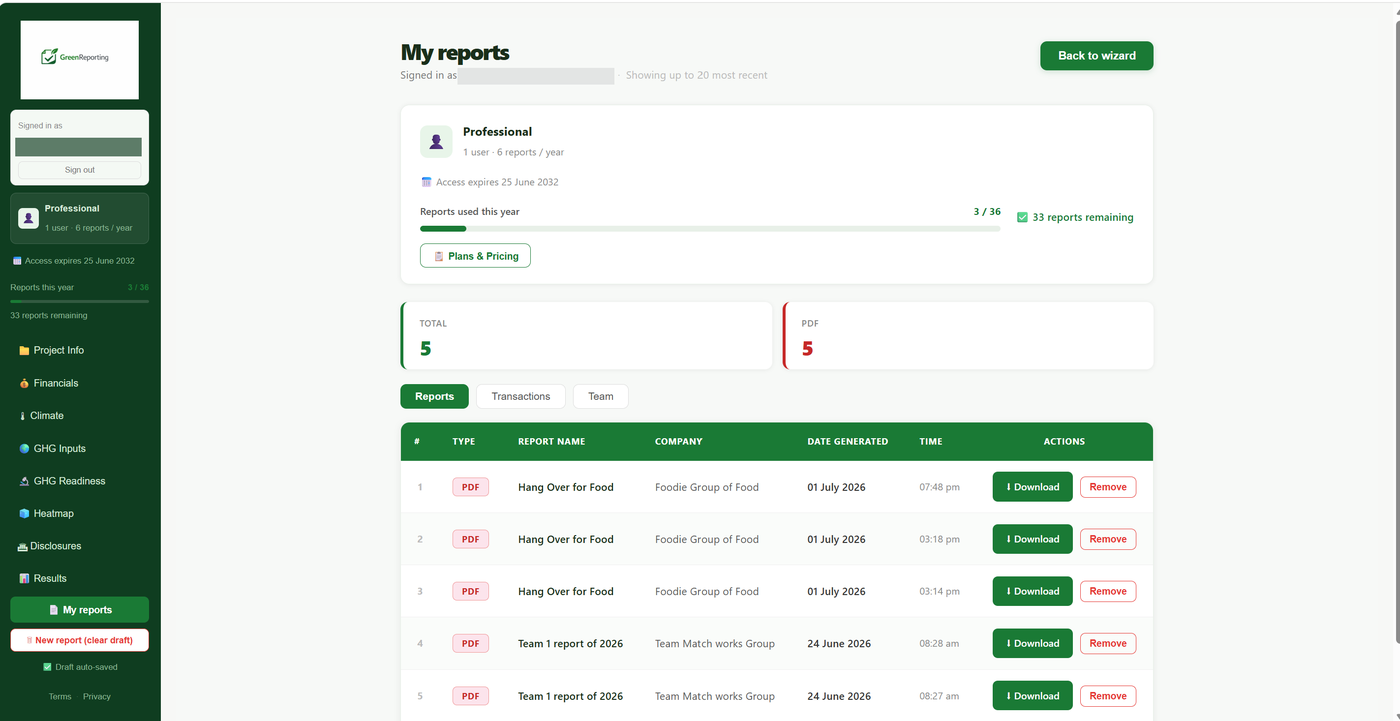 My reports page with download buttons